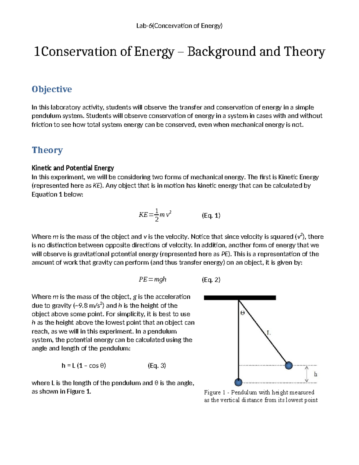 Lab-6: Conservation of Energy in a Pendulum System (Online Version ...