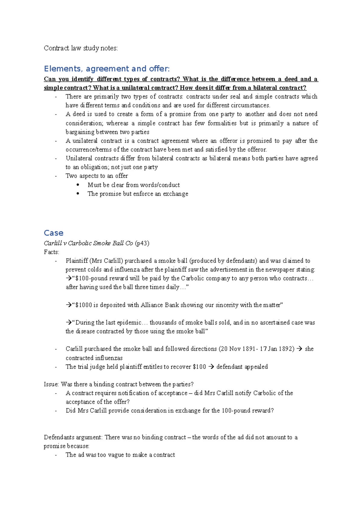 Contract Law Study Notes: Fundamental Concepts and Case Analysis - Studocu