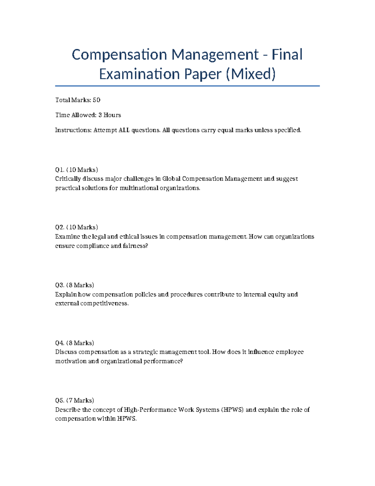 Compensation Management Final Exam Paper (Mixed) - Answers Included ...