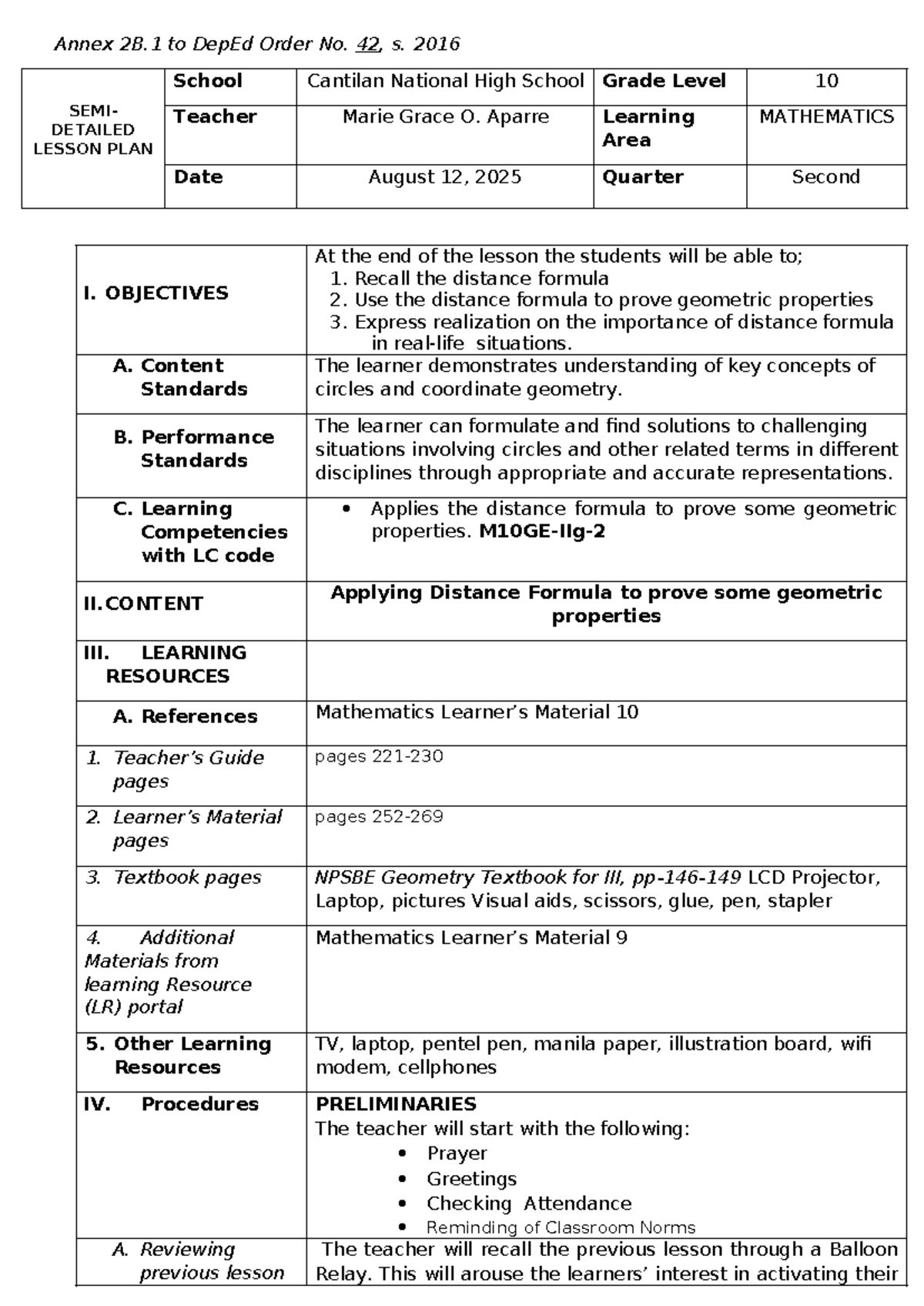 MATH10: SEMIDETAILED LESSON PLAN on Distance Formula Applications - Studocu