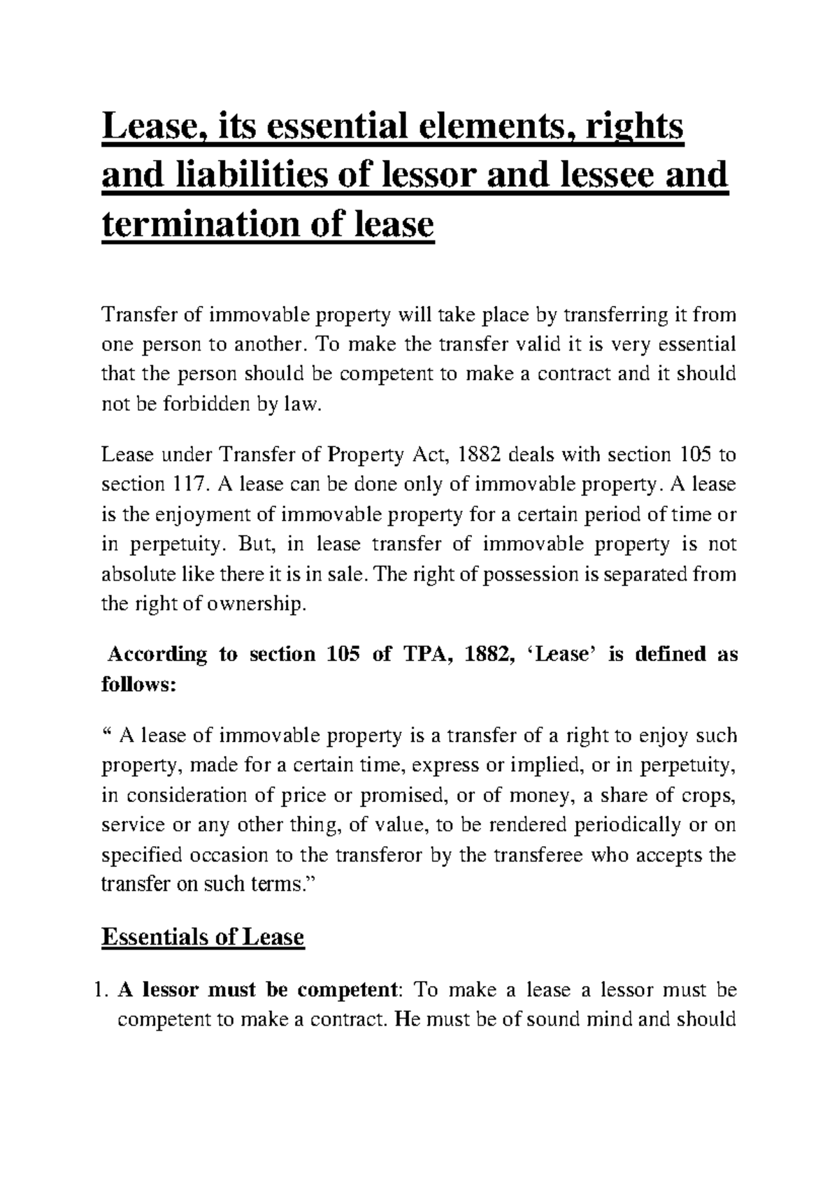 Lease: Essentials, Rights & Liabilities of Lessor and Lessee (LAW 101 ...