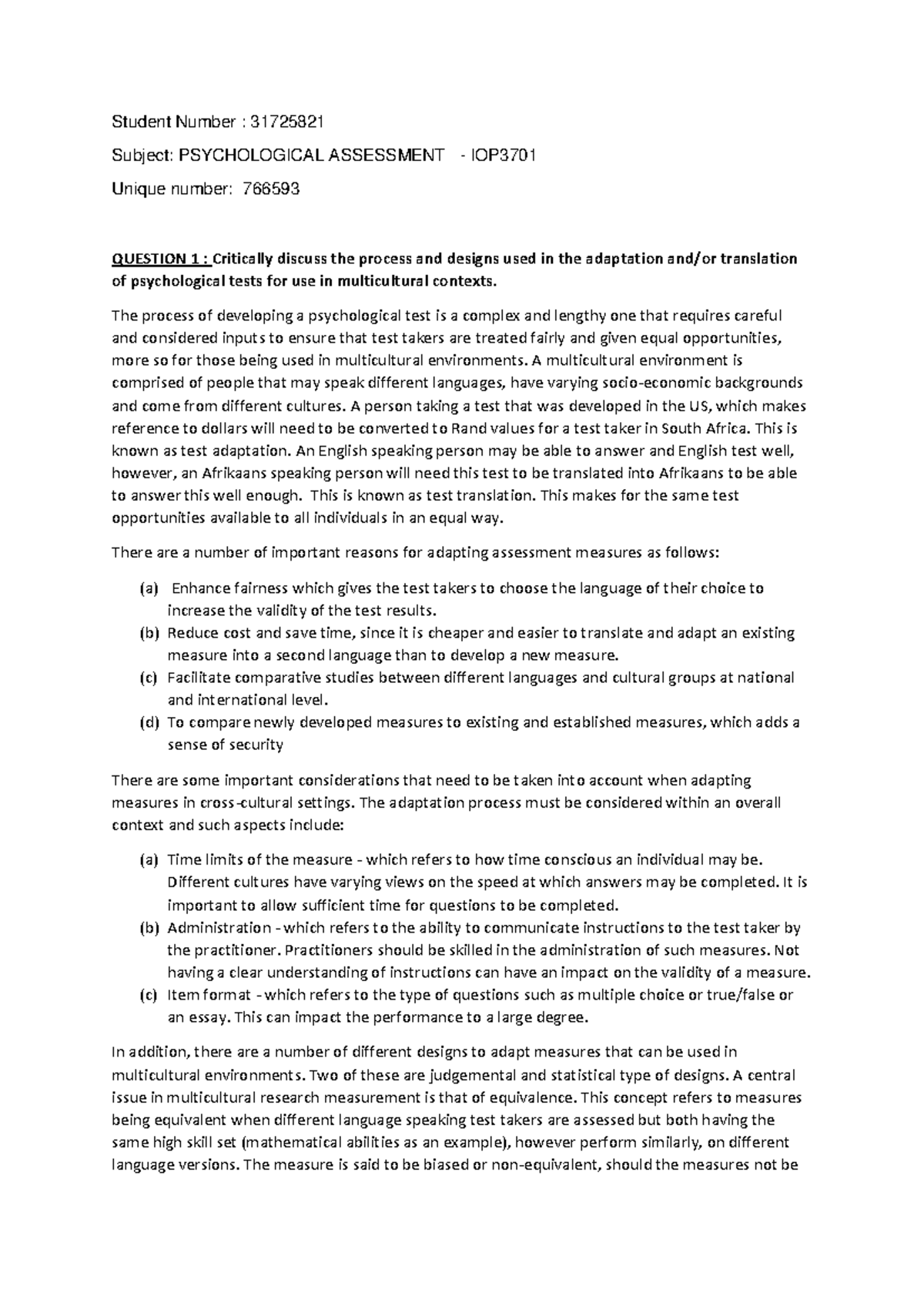 Assignment 1: IOP3701 Psychological Test Adaptation in Multicultural ...