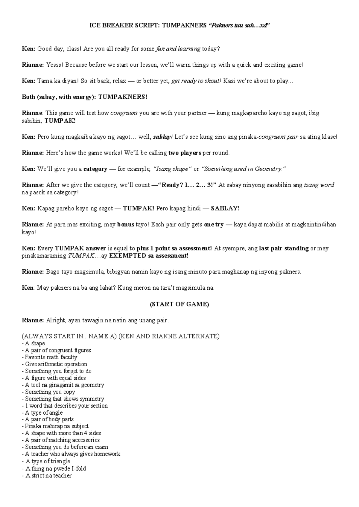 ICE 101: Fun Tumpakners Game Script for Class Engagement - Studocu