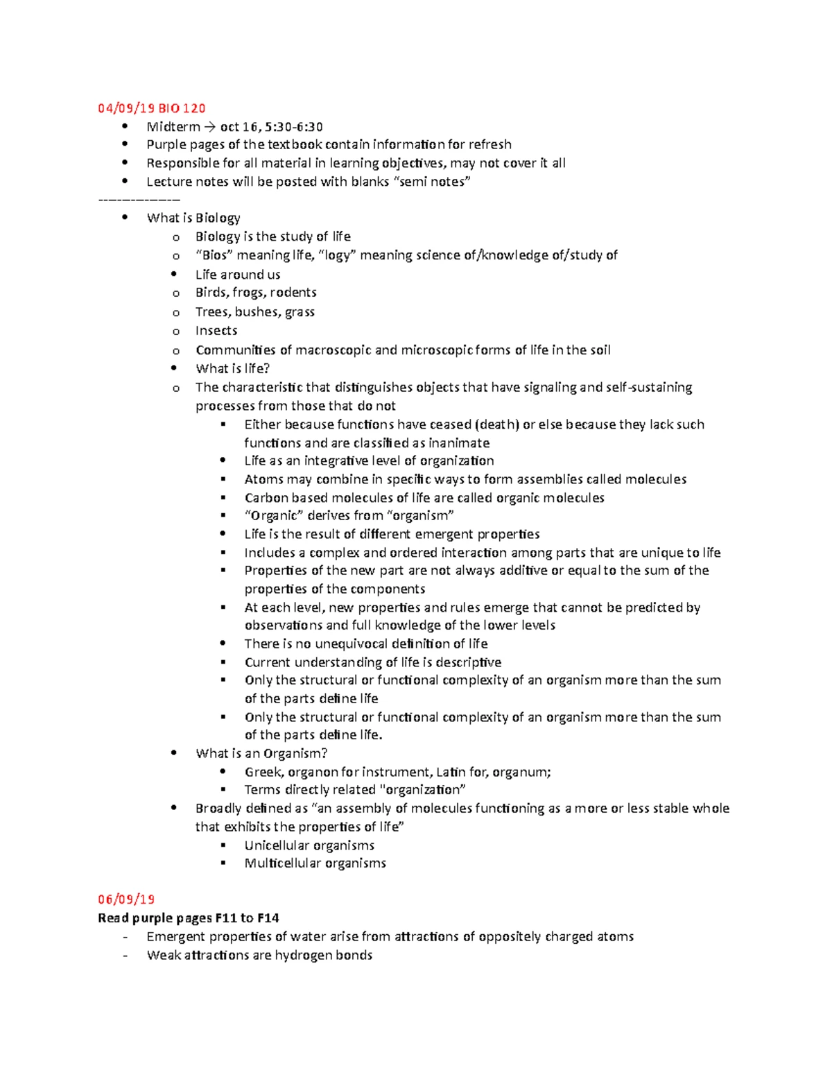 Biology 120 Midterm Exam Notes: Key Concepts and Class Highlights - Studocu