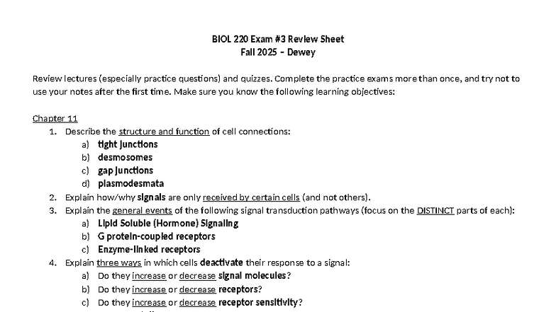 BIOL 220 Exam #3 Review Sheet - Fall 2025 (Dewey) - Studocu
