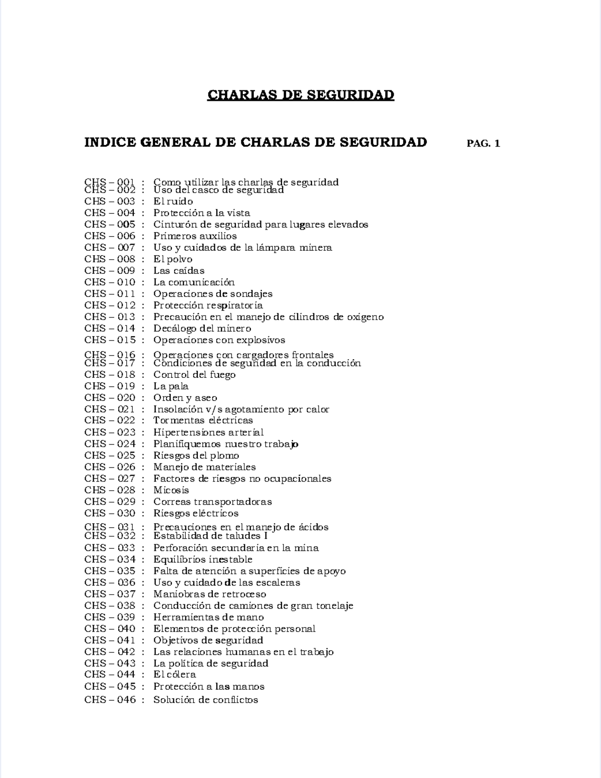 Índice General de Charlas de Seguridad CHS 001-004 - Studocu