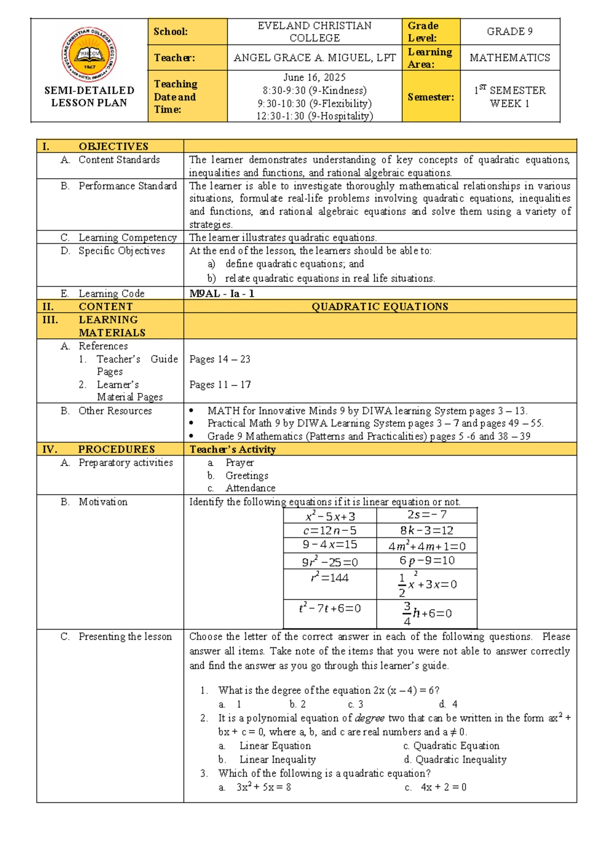 GRADE 9 VALUES EDUCATION DAILY LESSON LOG - 1st Quarter 2024 - Studocu