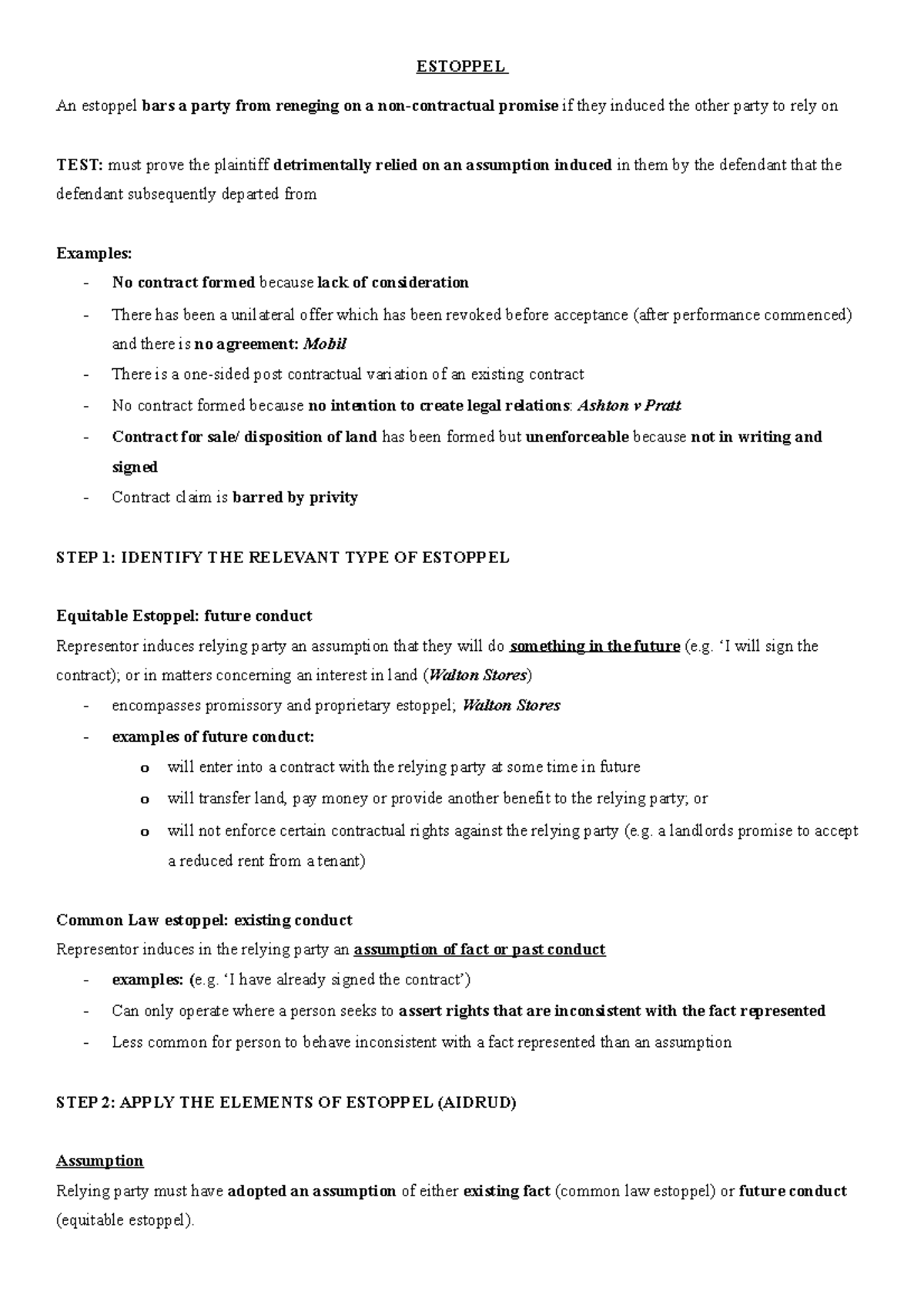 Estoppel Exam Notes - Contract Law Template & Step-by-Step Guide - Studocu