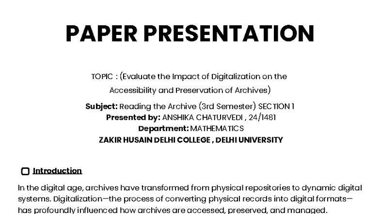 PAPER PRESENTATION: Impact of Digitalization on Archives (3rd Sem ...