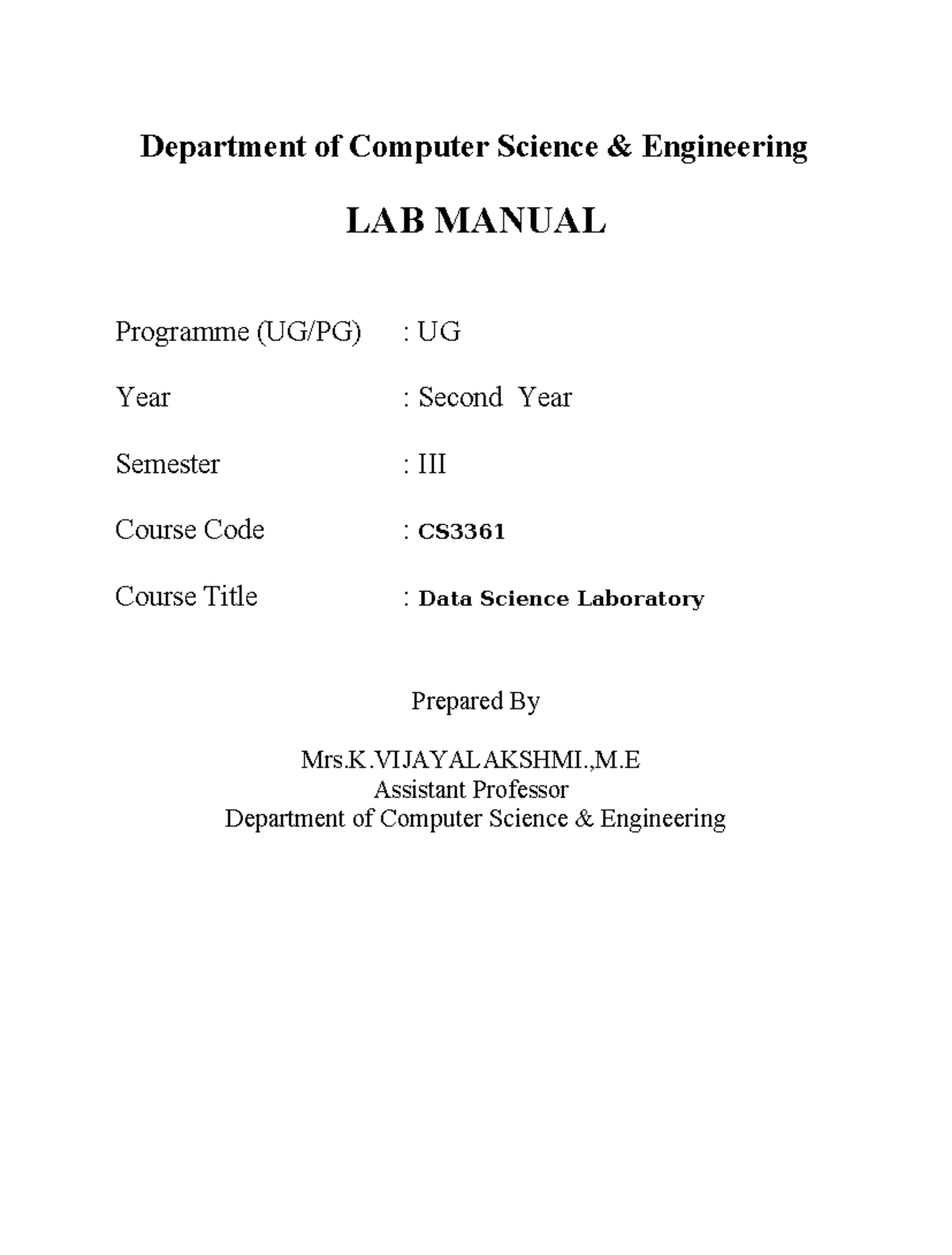 CS Data Science Laboratory: Comprehensive Lab Manual & Experiments ...