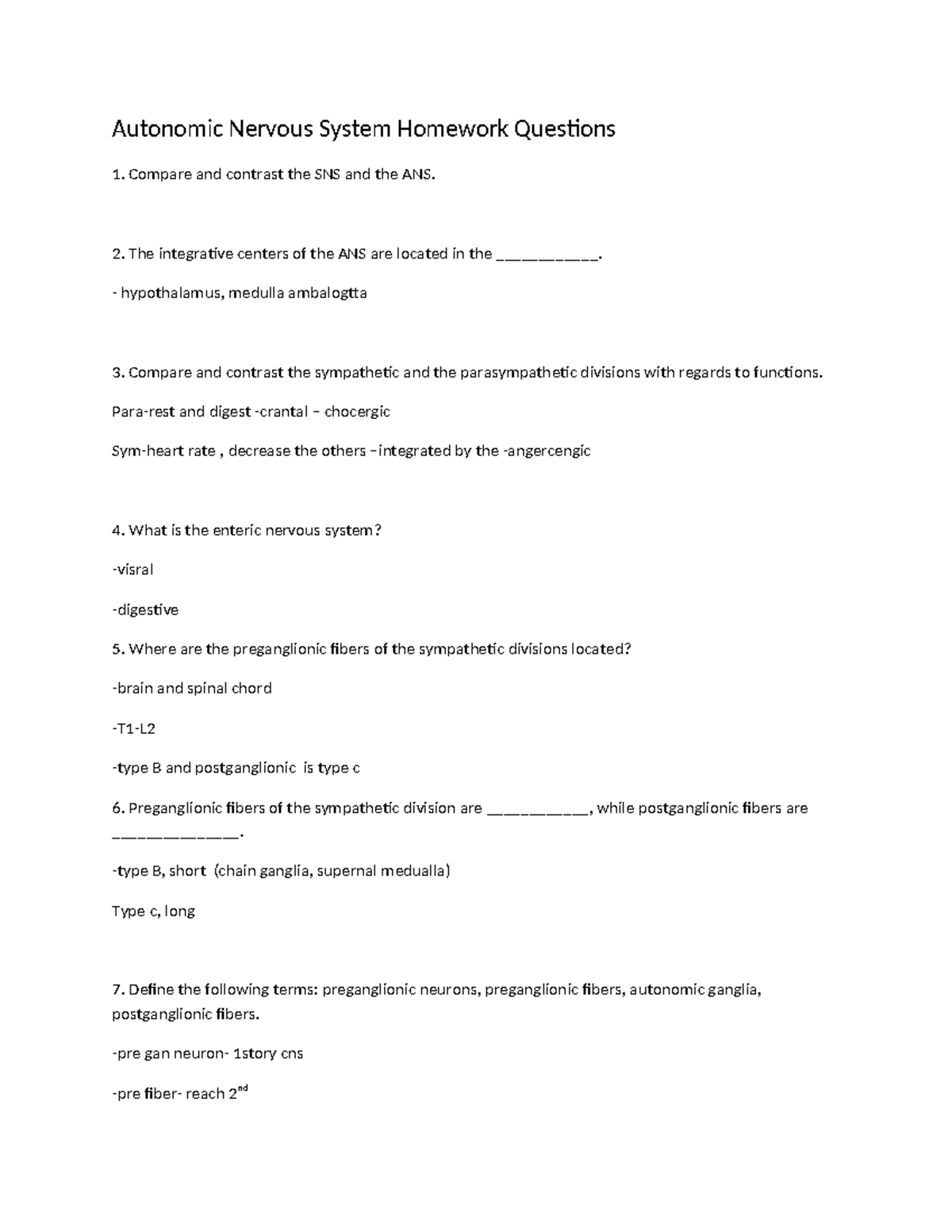 Autonomic Nervous System Homework Questions – ANS101 Study Guide - Studocu