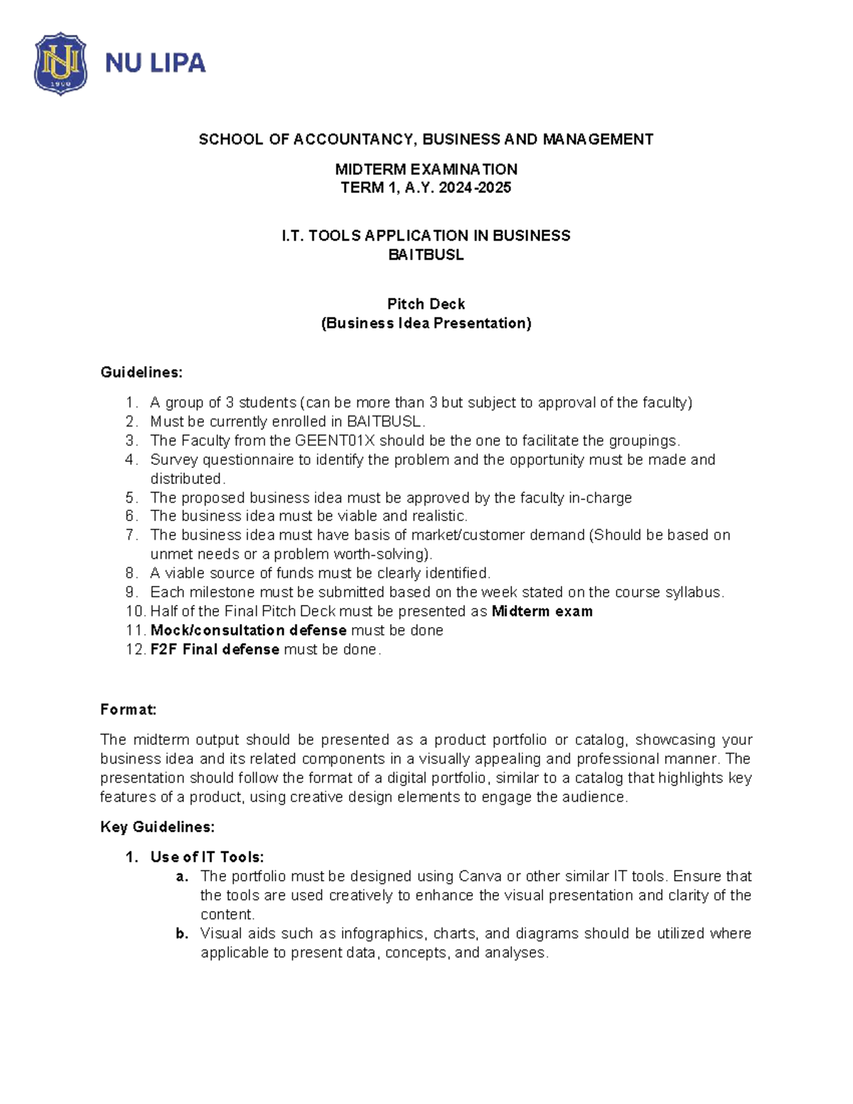 BAITBUSL Midterm Exam: I.T. Tools Application in Business Pitch Deck ...