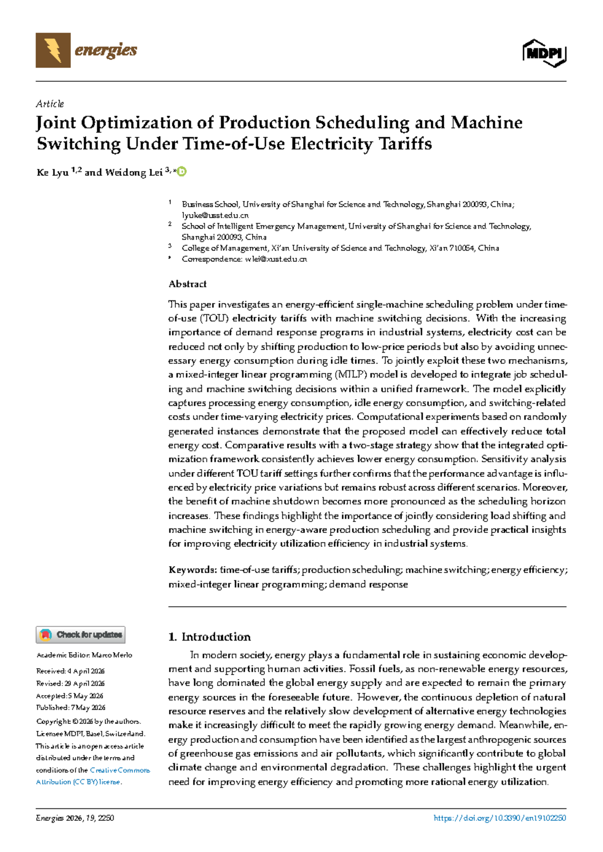 Energies-19-02250: Joint Optimization of Production Scheduling ...