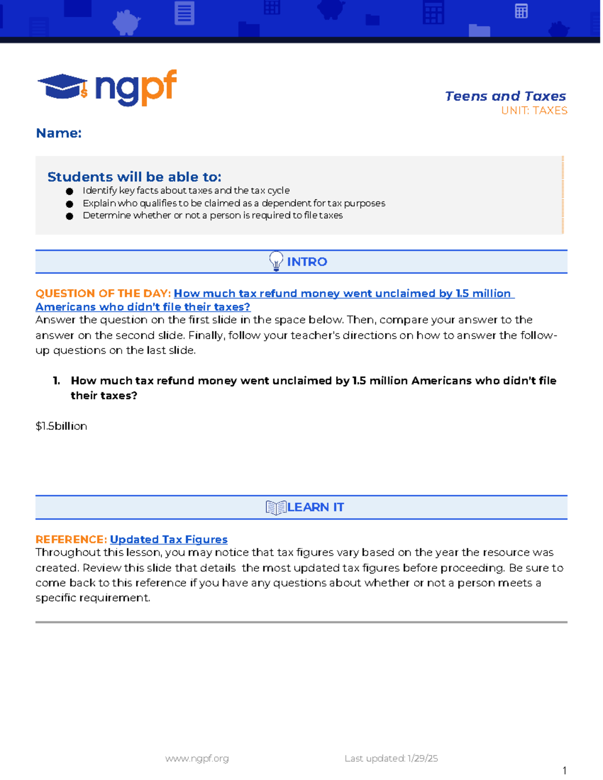 Teens and Taxes: Student Activity Packet for Understanding Taxes - Studocu