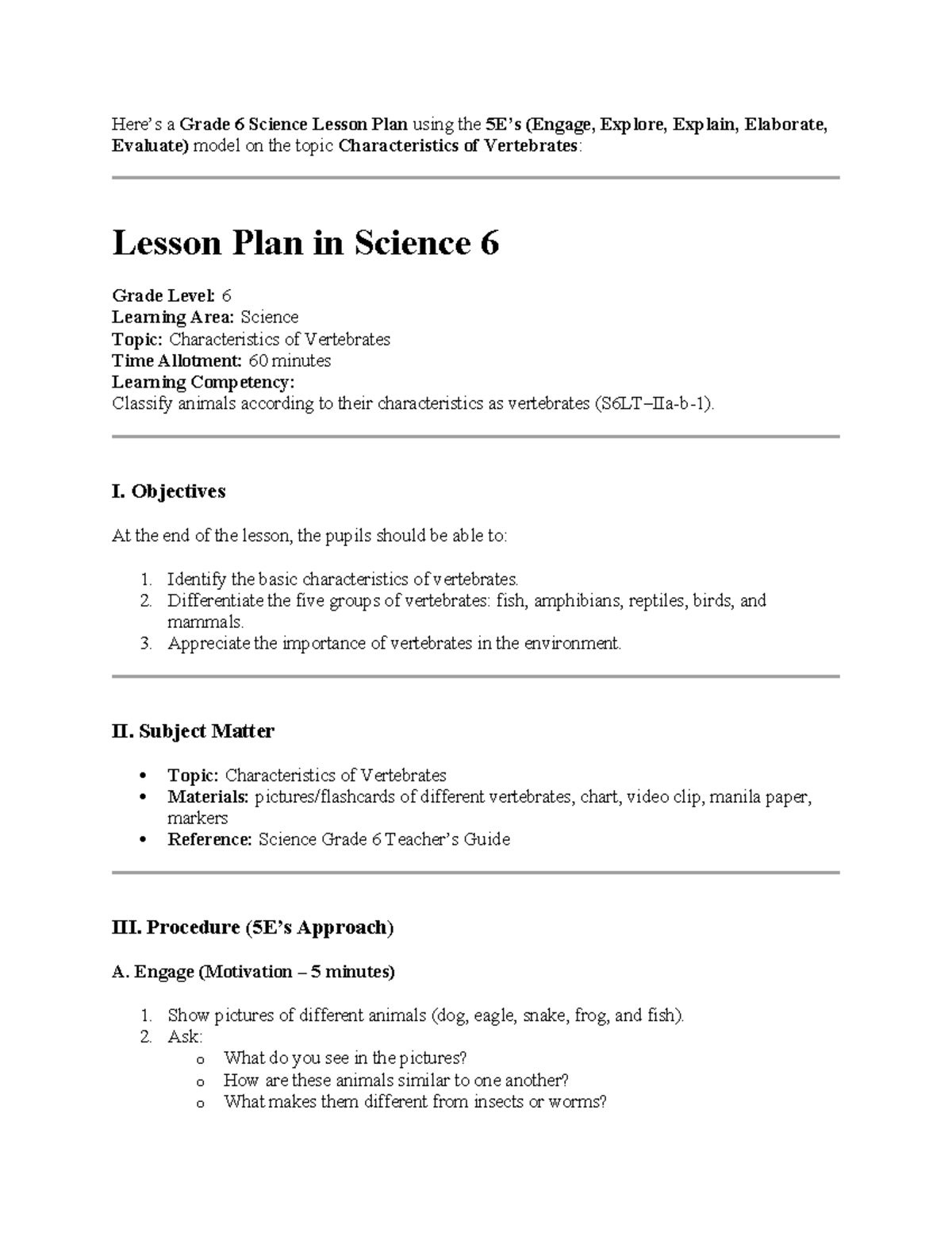 Grade 6 Science Lesson Plan: Characteristics of Vertebrates - Studocu