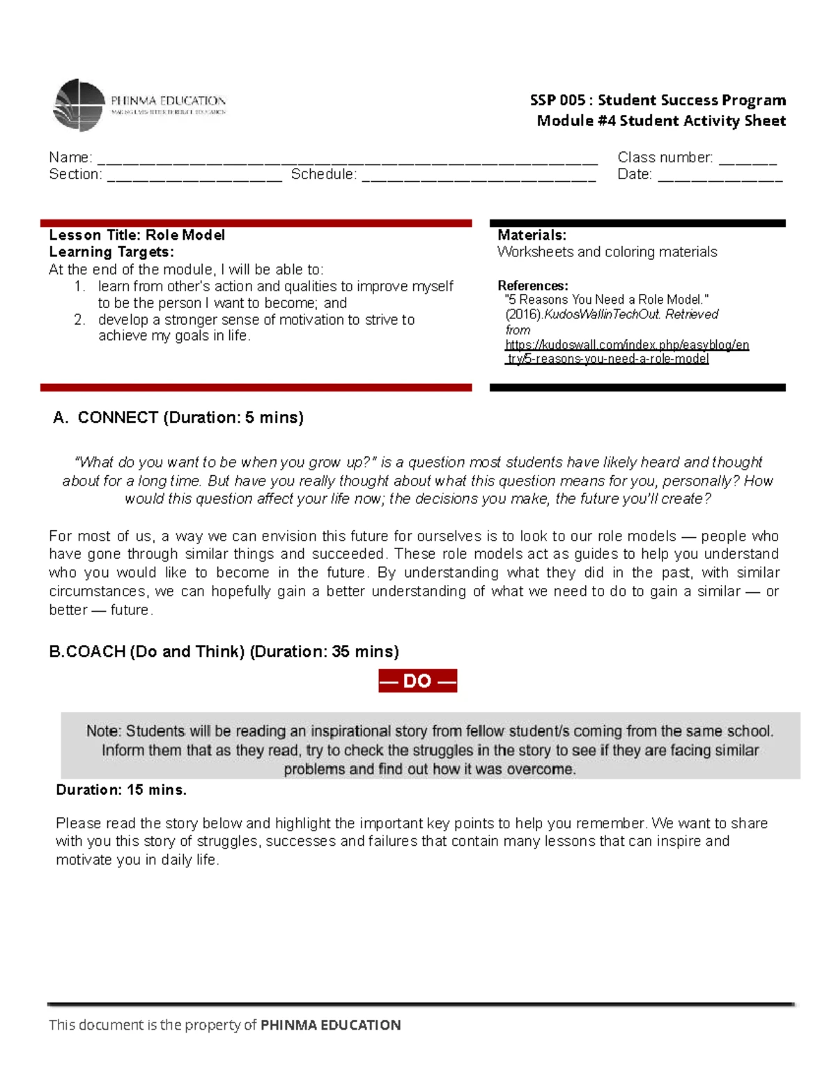 SSP 005: Academic Mapping & Proactive Advising Lesson Activity Sheet ...