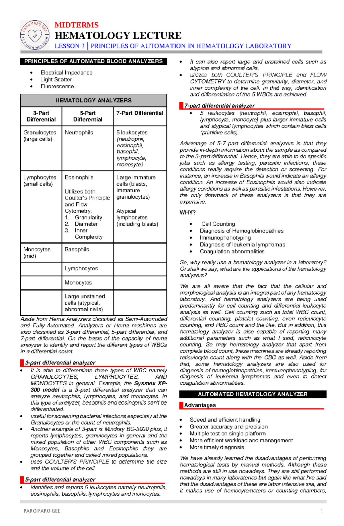 Midterm Lecture 3: Automation Principles in Hematology Lab - Studocu