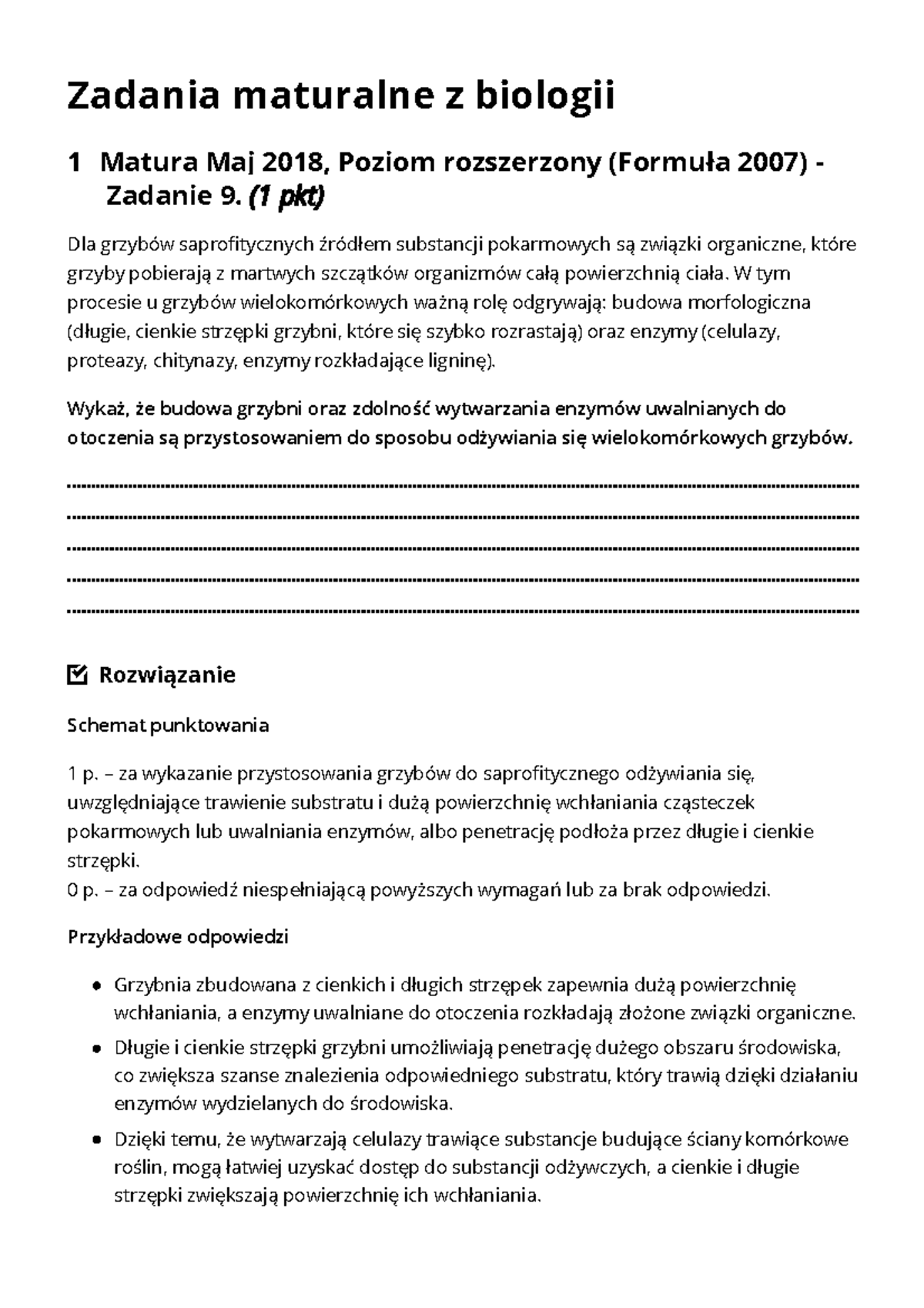 Zadania maturalne z biologii - grzyby (Poziom rozszerzony) - Studocu