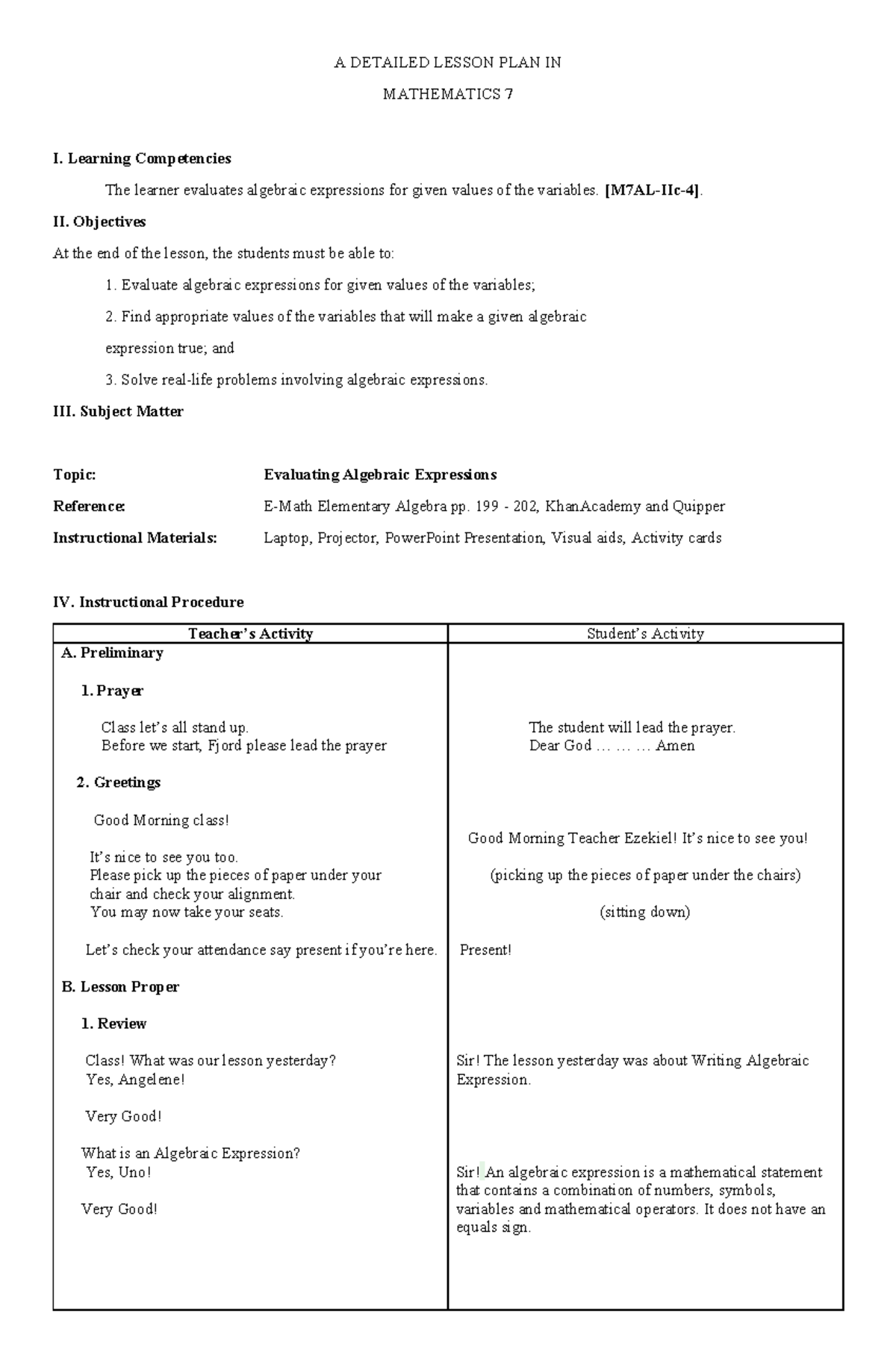 Lesson Plan in Mathematics 7: Evaluating Algebraic Expressions - Studocu
