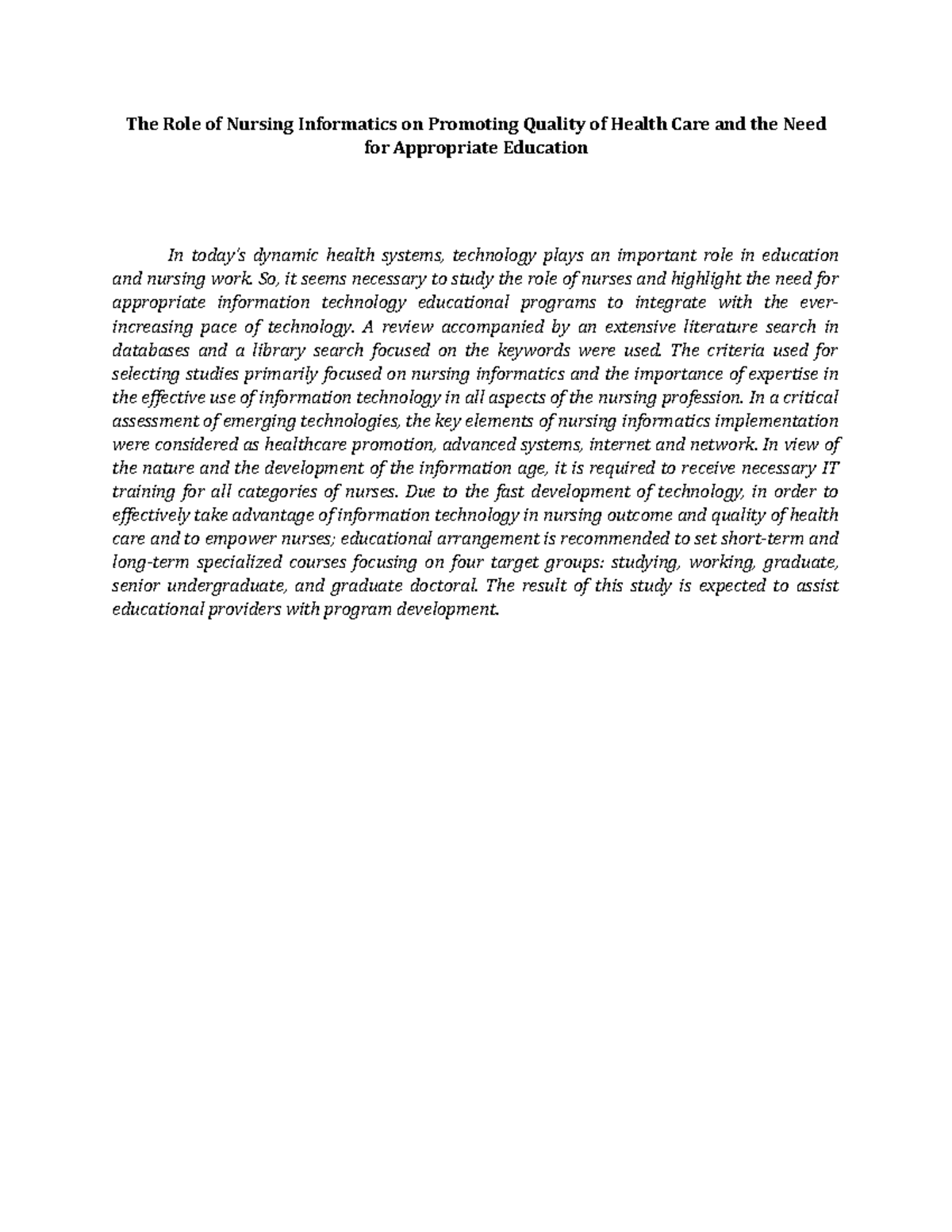 Nursing Informatics and Quality Health Care: Education Needs Explored ...