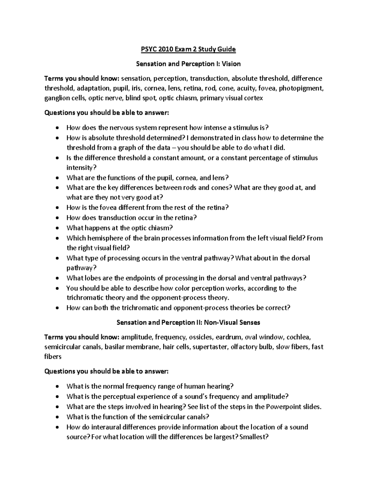 PSYC 2010 Exam 2 Study Guide: Sensation, Perception & Learning Concepts ...