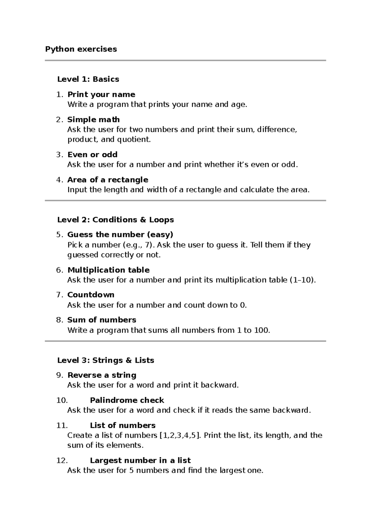 Python Exercises Level 1: Basics and Conditions - Studocu