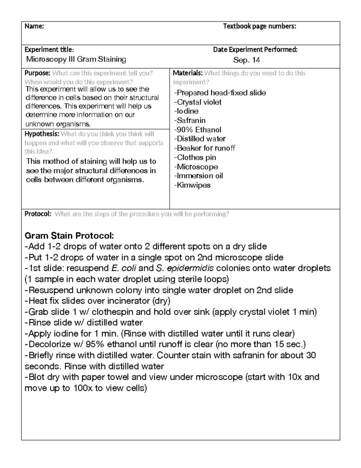 Microscopy III Gram Staining - LAB SHEET - Name: Textbook page numbers ...