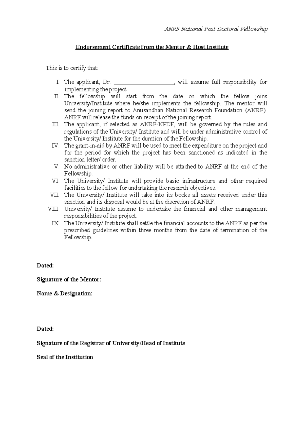 ANRF Post Doctoral Fellowship Endorsement Certificate - Studocu