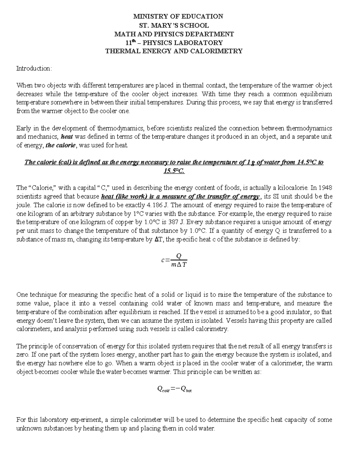 PHYS 11-2 Lab Report #2: Calorimetry and Thermal Energy Transfer - Studocu