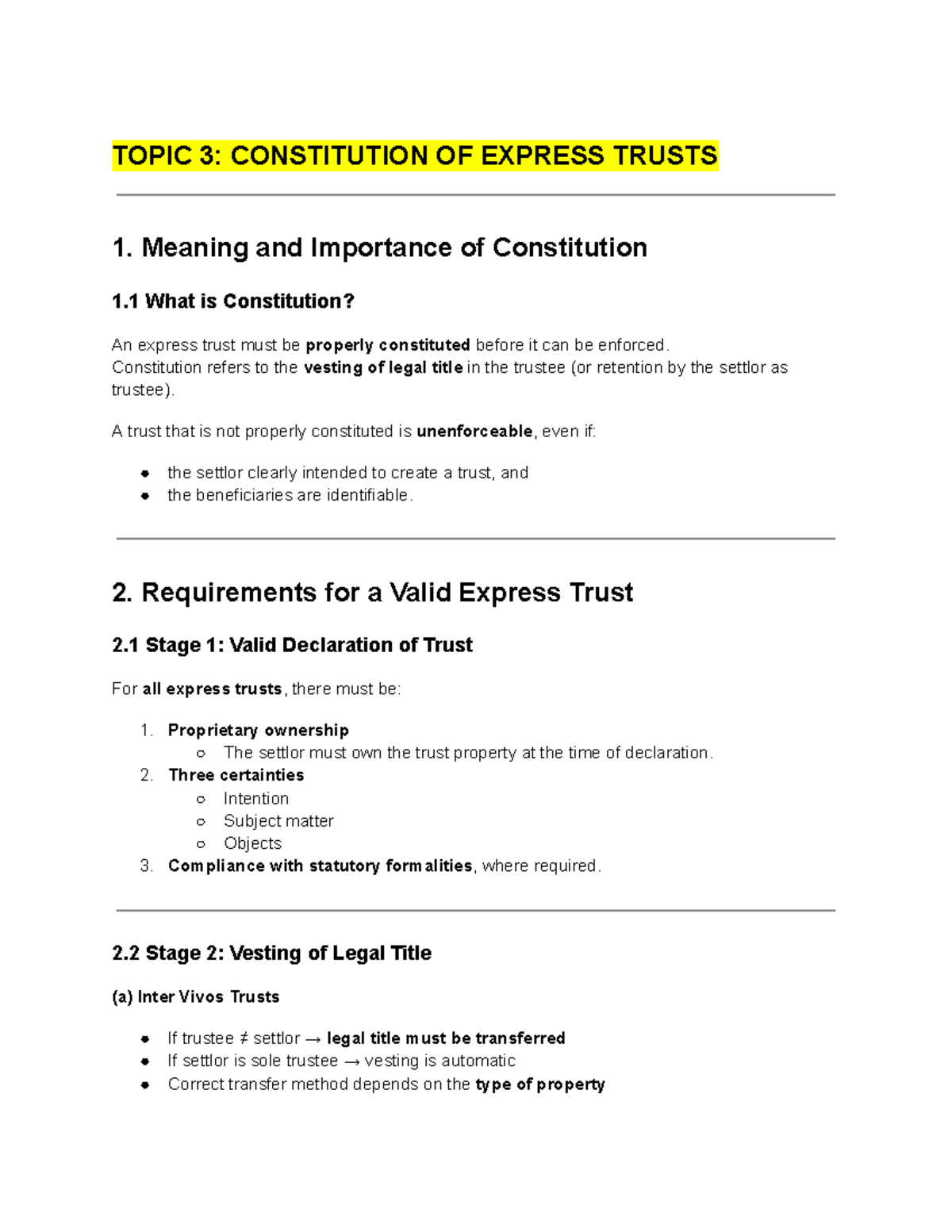 TOPIC 3: CONSTITUTION OF EXPRESS TRUSTS - Key Principles and Cases ...