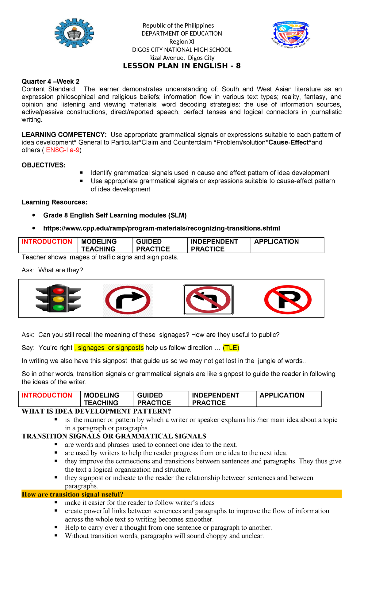 Q4 W2 Lesson Plan: Transition Signals in English 8 - Studocu
