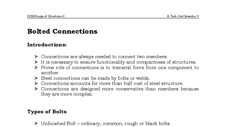 CL501 Design of B. Tech. Civil Semester V Bolted Connections Notes ...