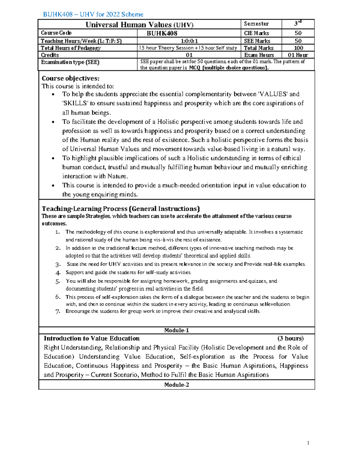 BUHK408 - Universal Human Values Semester 3 Study Guide - Studocu