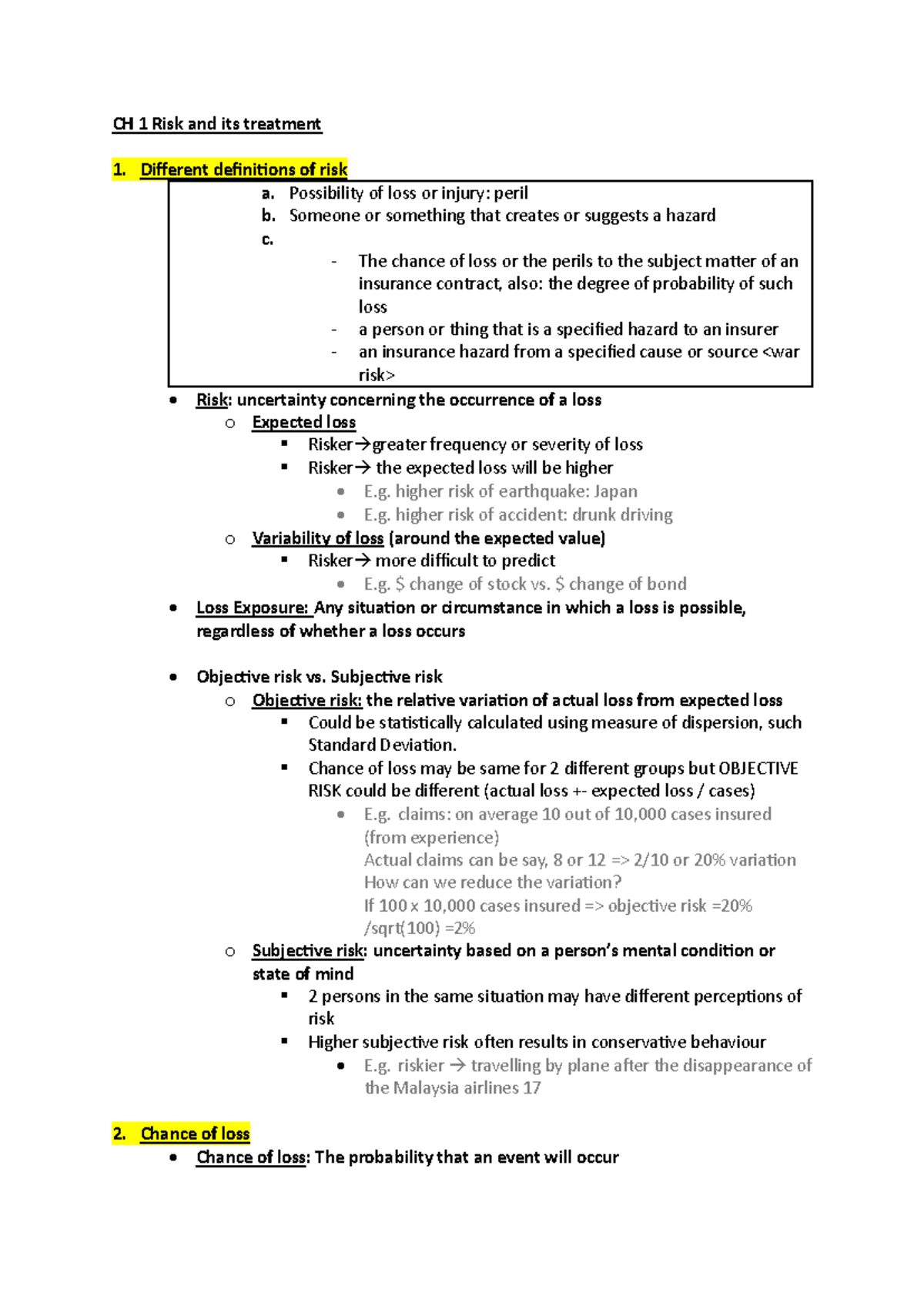 CH 1 - Risk Definitions and Management Techniques Notes - Studocu