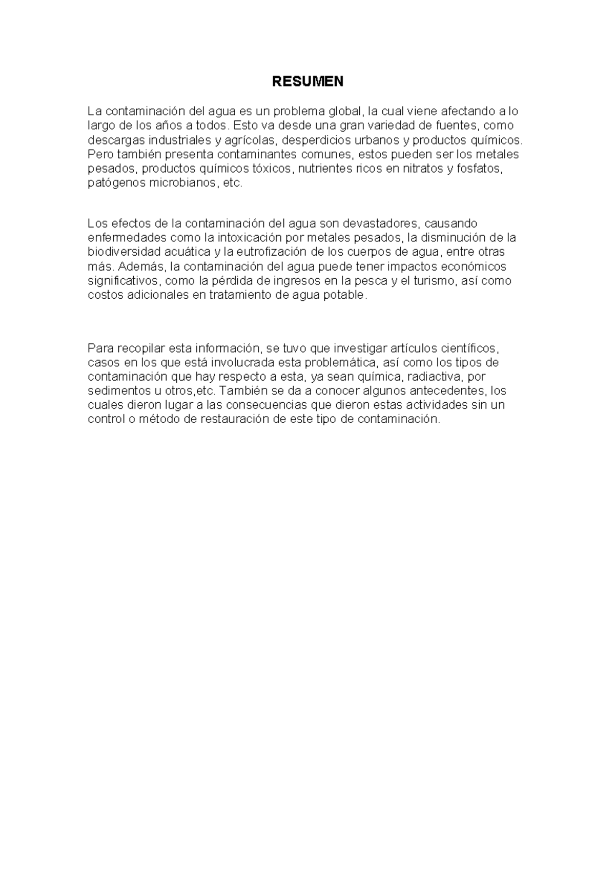 Resumen - fhdh - RESUMEN La contaminación del agua es un problema ...