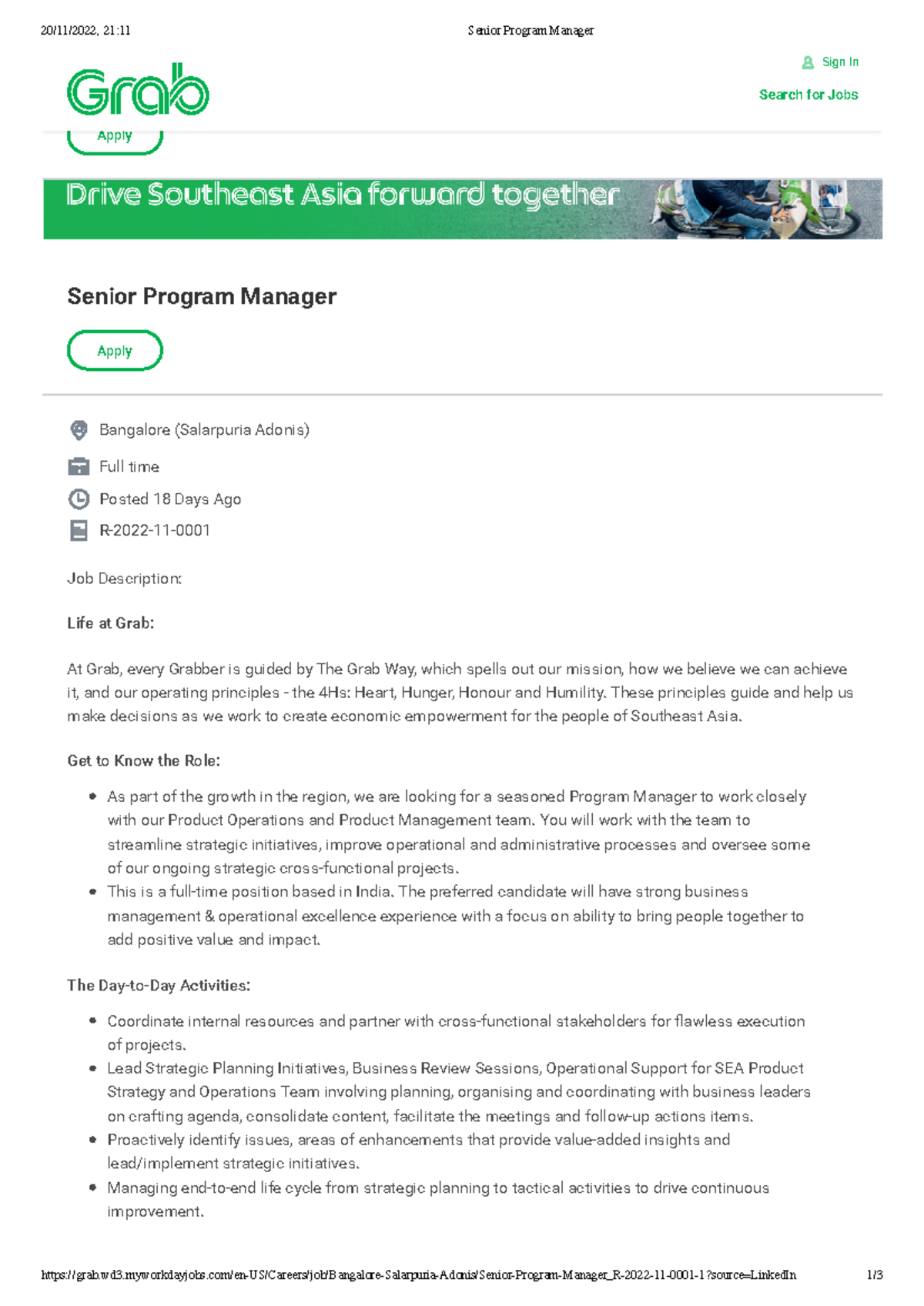 Job Description for Senior Program Manager Position at Grab - Studocu