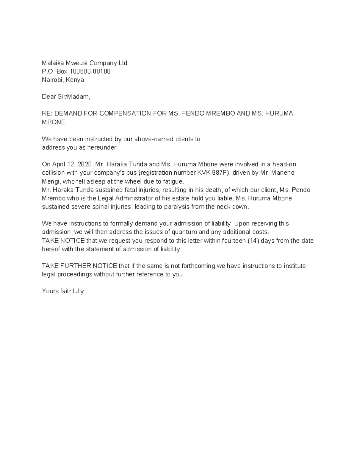 Civil Litigation Demand Letter for Ms. Pendo Mrembo & Ms. Huruma Mbone ...