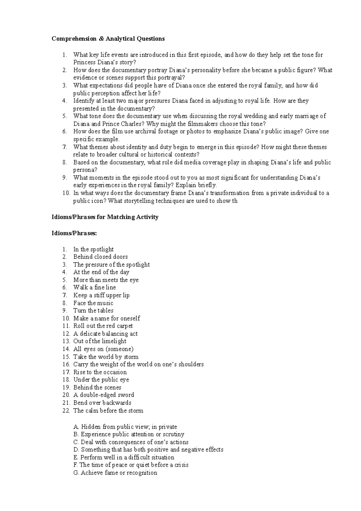 Di ANA - Comprehension Questions & Matching Activity Guide - Studocu