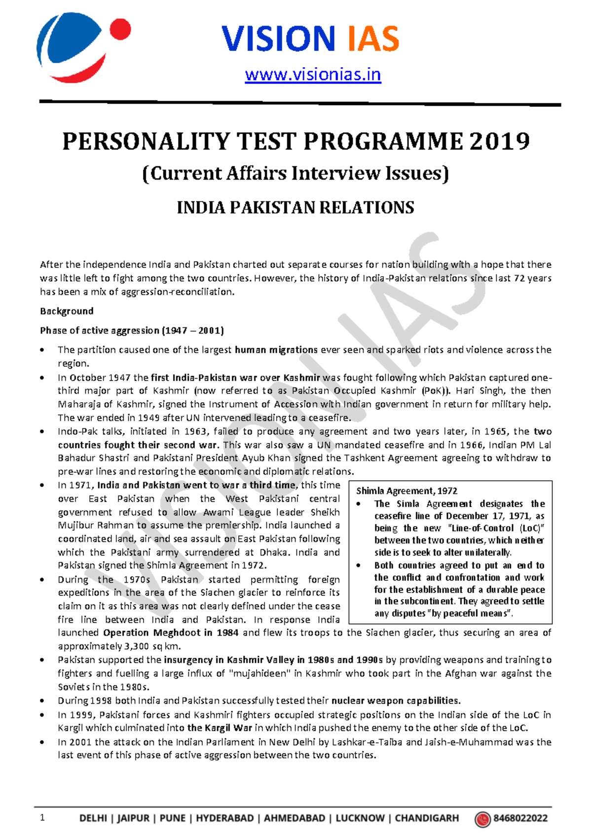 VISION IAS PERSONALITY TEST PROGRAMME 2019: India-Pakistan Relations ...