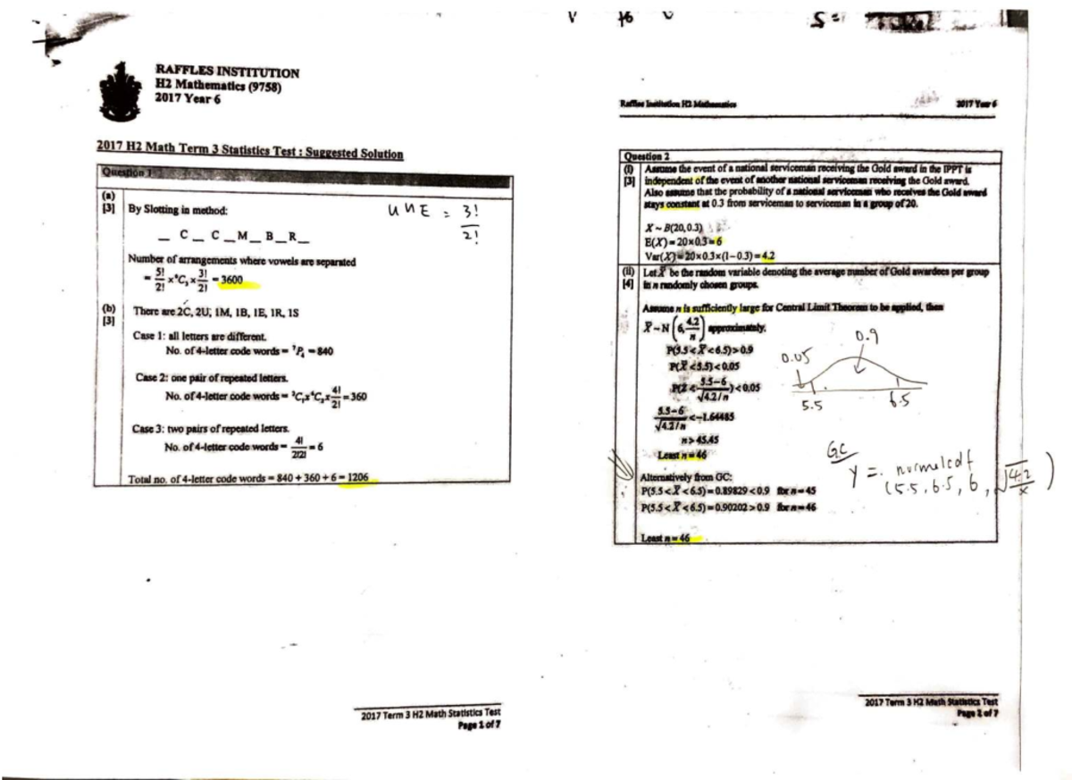 H2 Math Statistics (9758) Suggested Solutions for 2017 Term 3 Exam ...