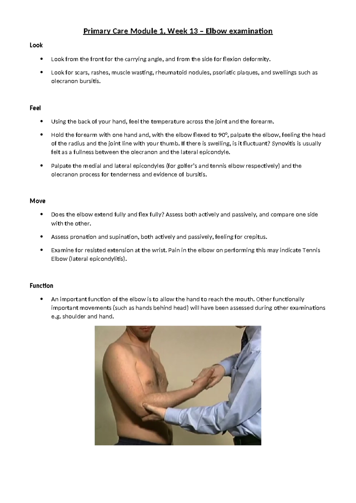 Primary Care Module 1: Week 13 Elbow Examination Guide - Studocu