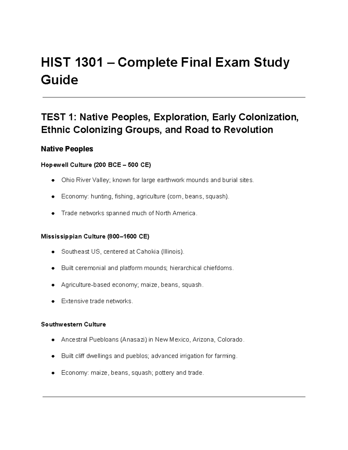 HIST 1301 Comprehensive Final Exam Study Guide: From Native Peoples to ...