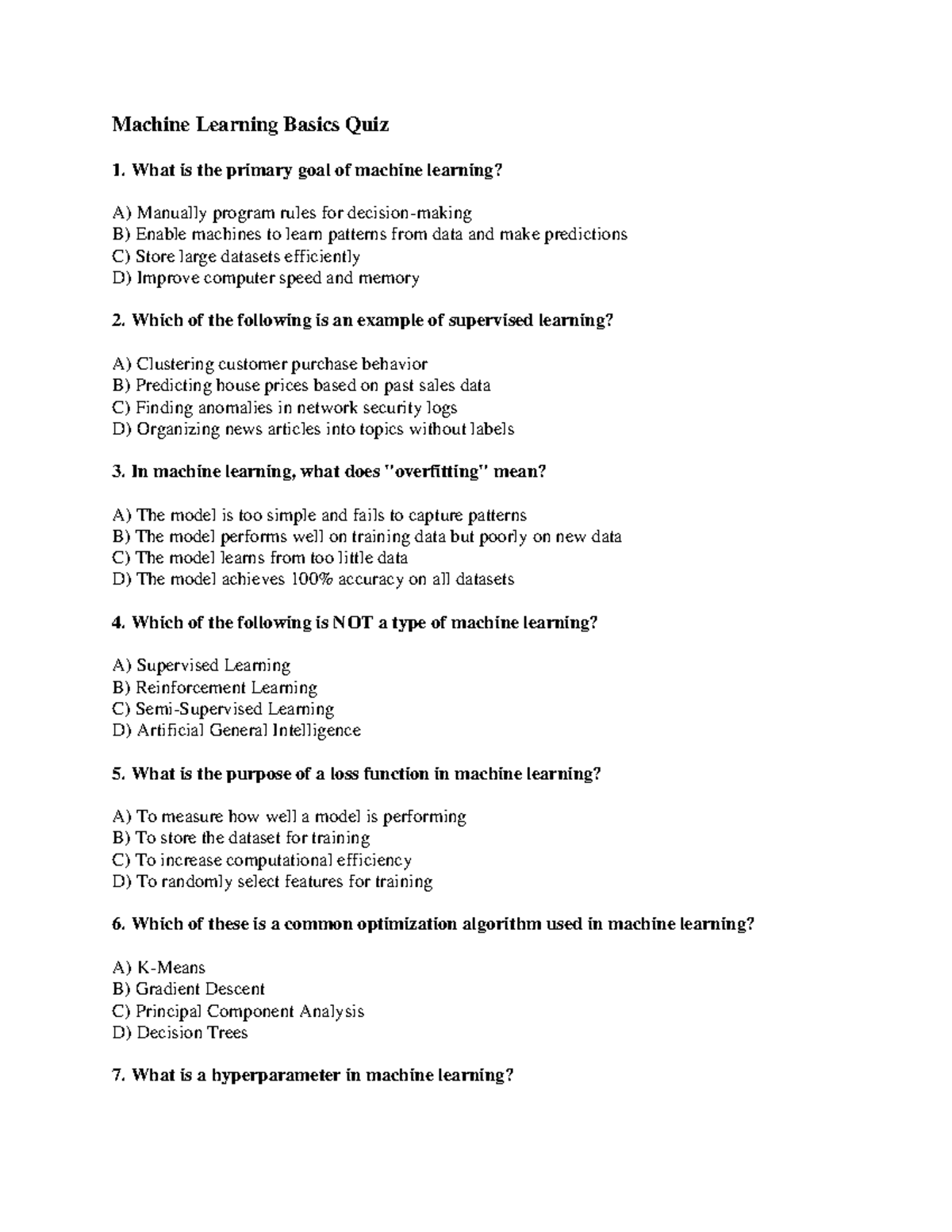 Machine Learning Basics Quiz - Studocu