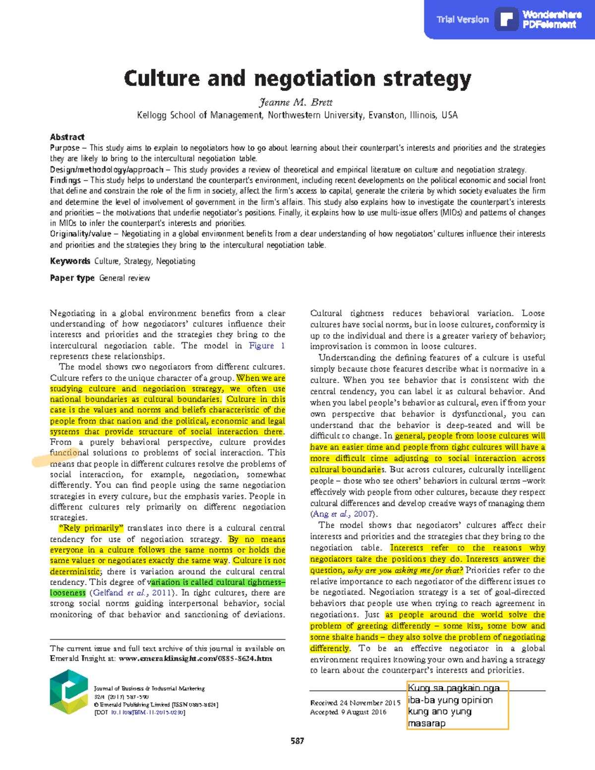 Culture and negotiation strategy - Brett Kellogg School of Management ...