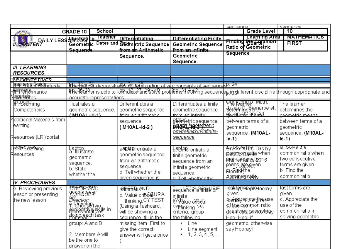 MATH 10- Curriculum Map (Erna S - CURRICULUM MAP Subject: MATHEMATICS ...