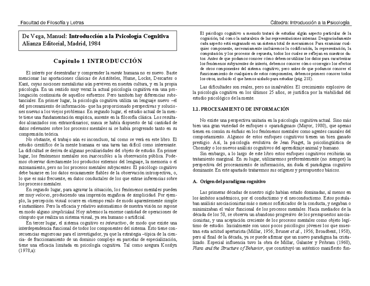 Introducción a la Psicología Cognitiva - Resumen y Notas (Psic 101 ...