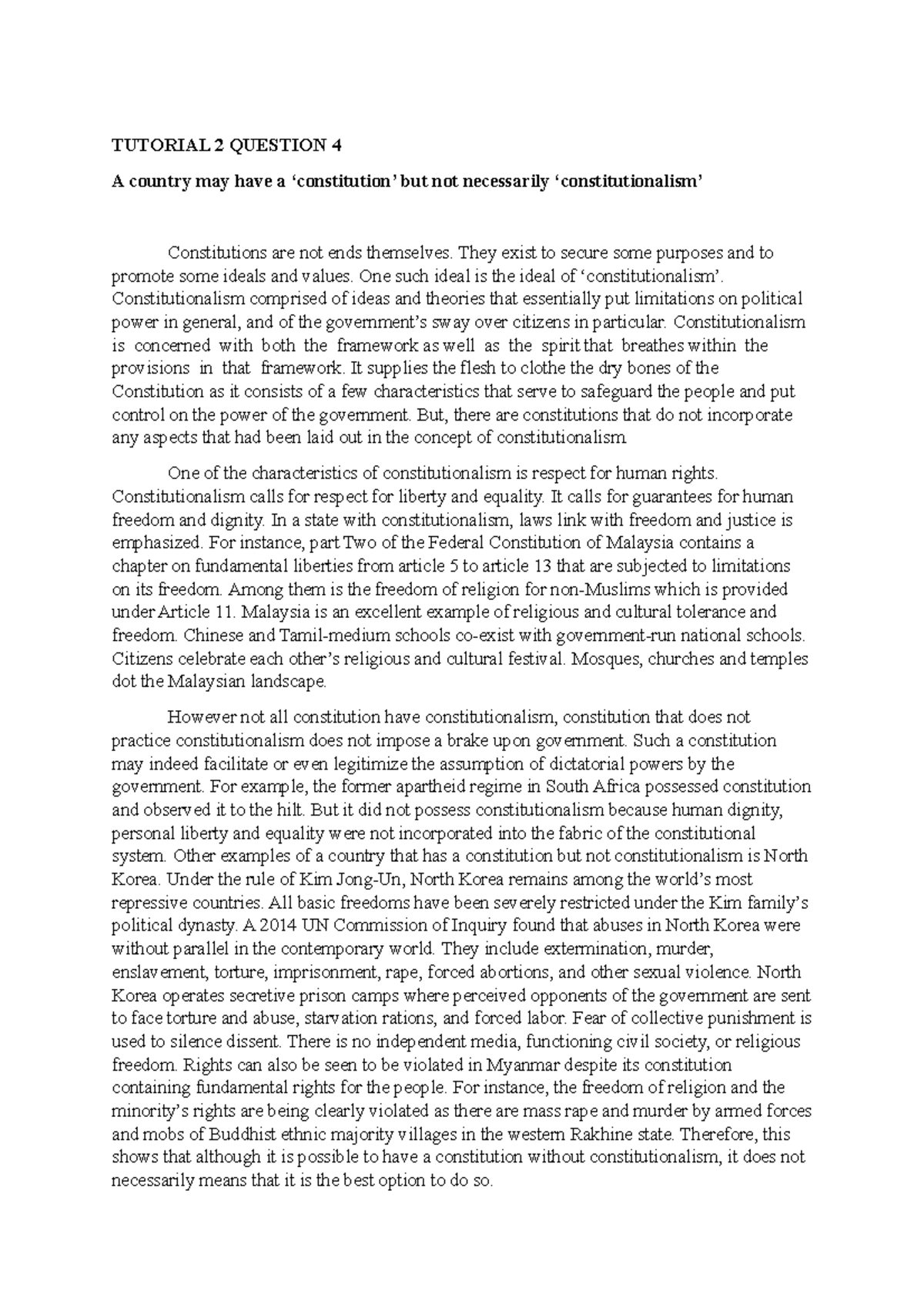 Tutorial 2 - Q4: Exploring Constitutionalism in Constitutional Law I ...