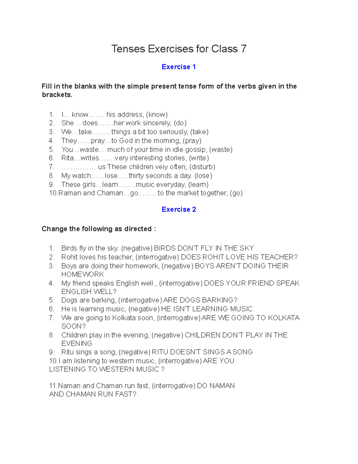 Tenses Exercises for Class 7: Simple Present & Continuous Forms - Studocu
