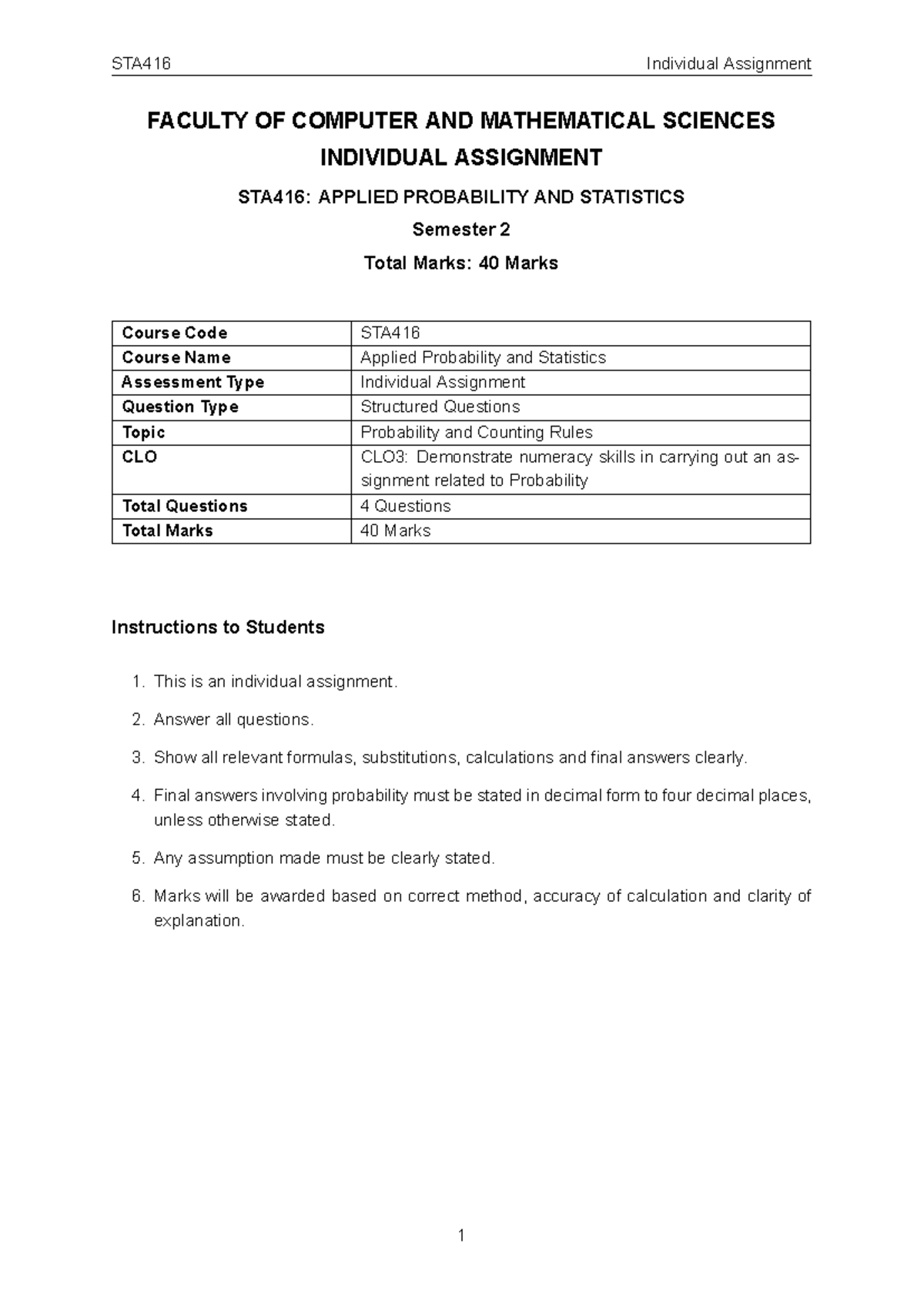 Individual Assignment STA416: Applied Probability & Statistics - Document Preview