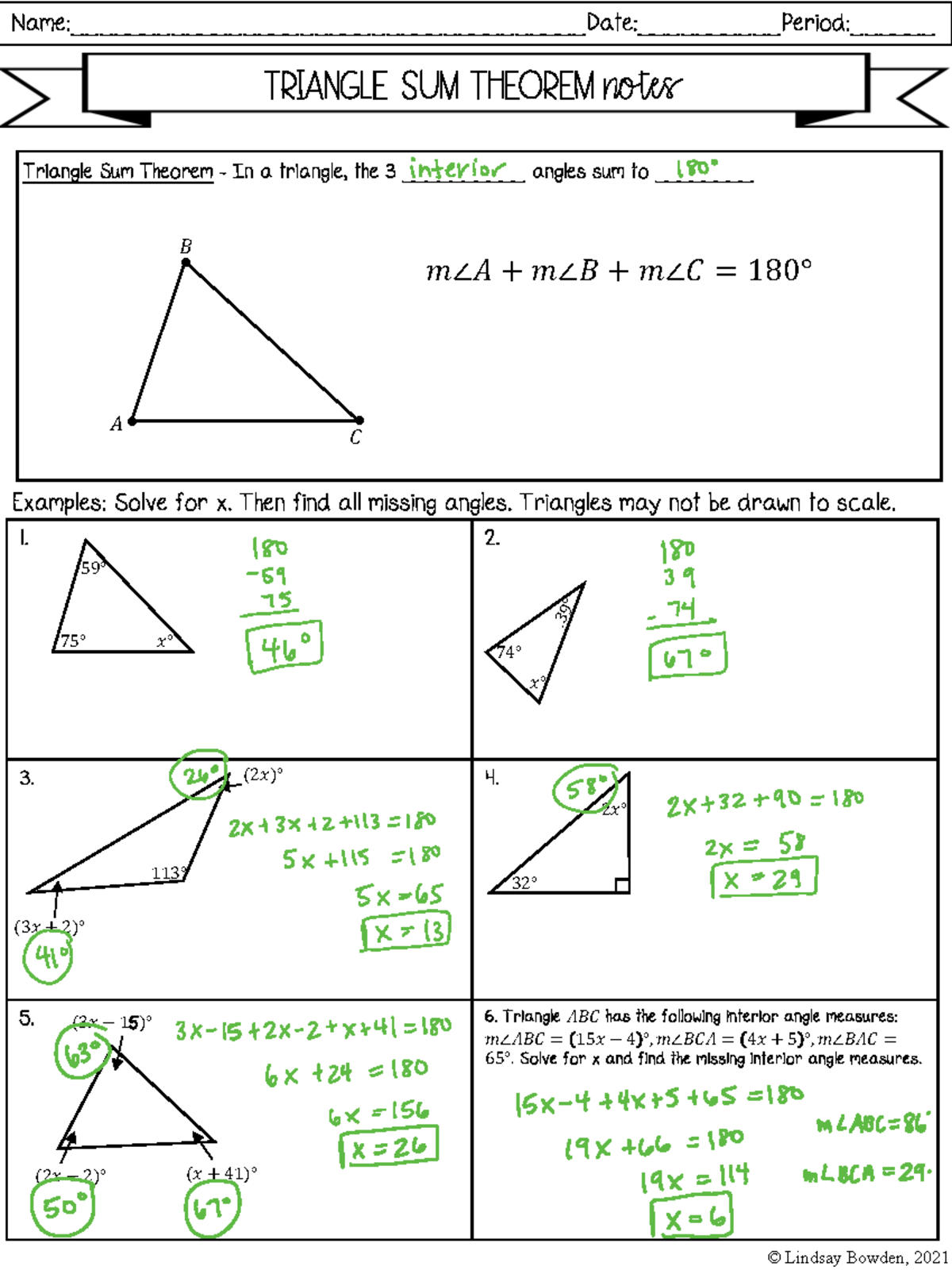 Ch - Answer key - TRIANGLE SUM THEOREM notes 1. 2. 3. 4. 5. 6. Triangle ...